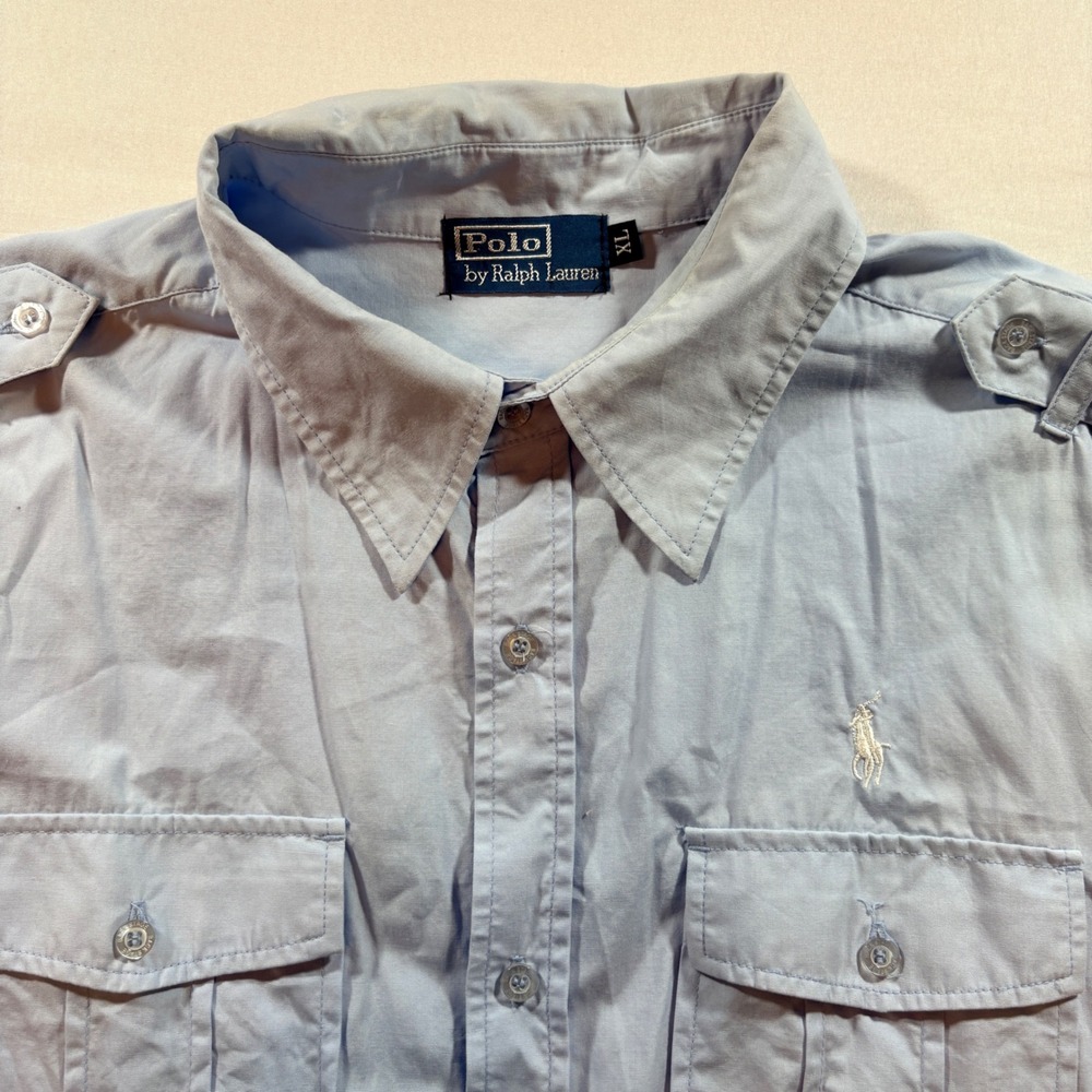 Polo Ralph Lauren Button Down Shirt Mens XL Blue Military Epaulette Short Sleeve